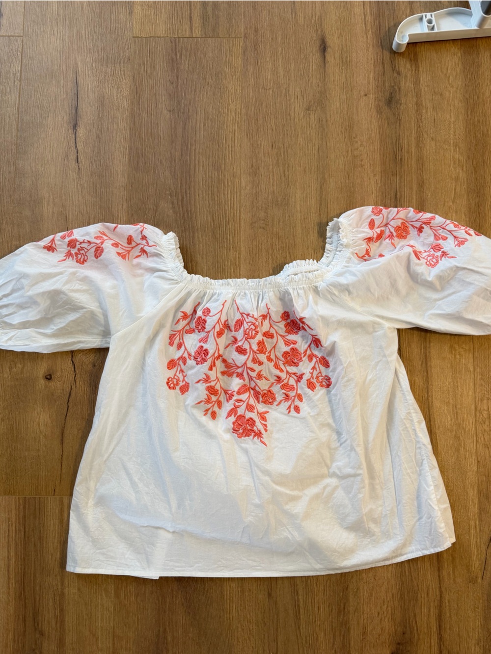 White Off-Shoulder Top with Coral Floral Embroidery